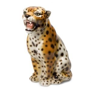 Authentic Italian Ceramic Sitting Leopard Sculpture