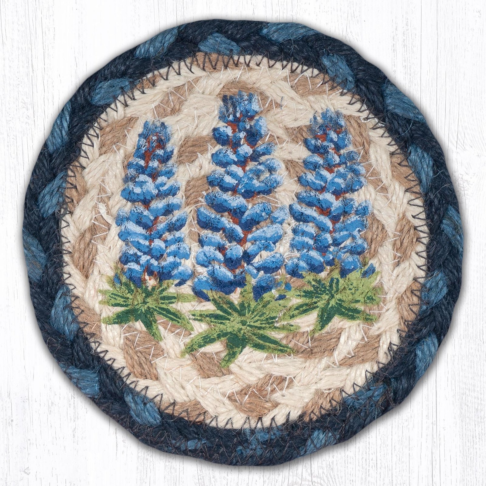 5" Round Hand Stenciled Coaster with Bluebonnets Design (Pack of 2)
