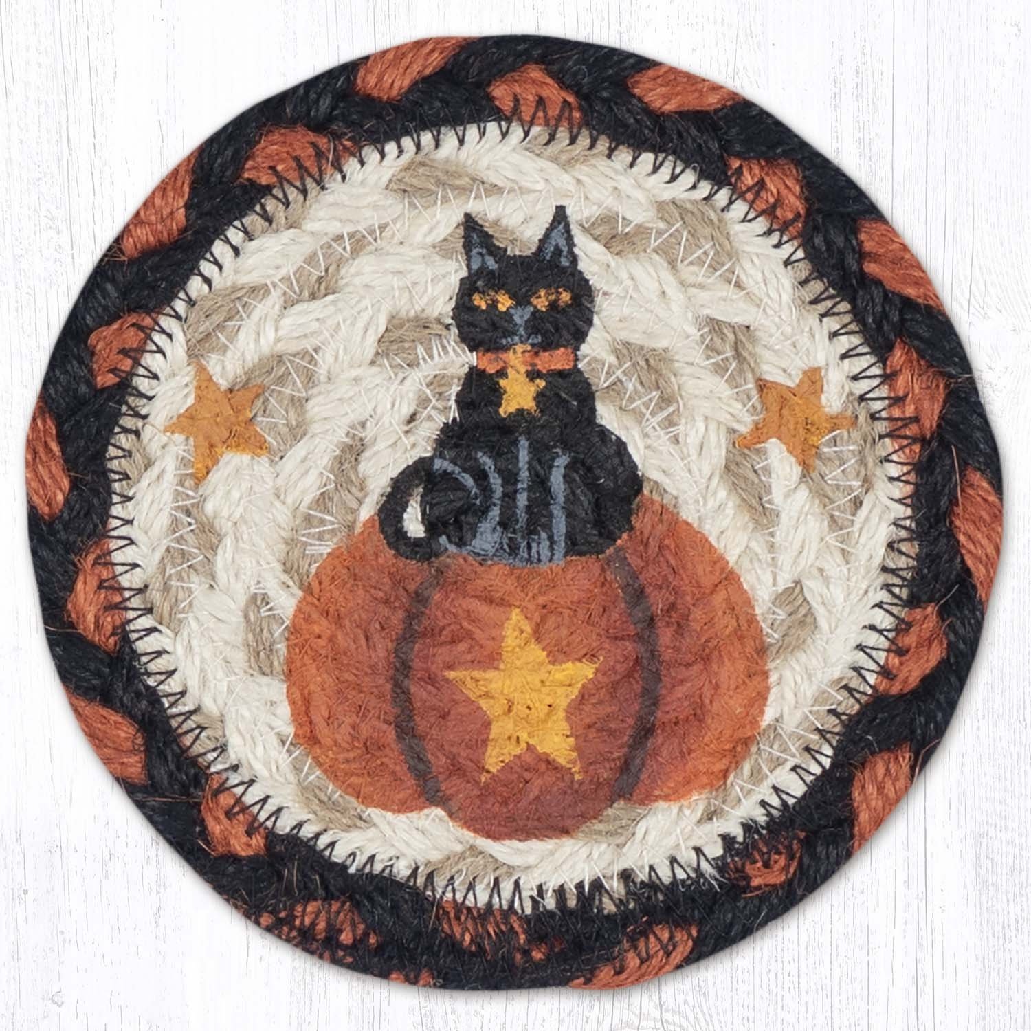 5" Round Hand Stenciled Coaster with Black Cat Pumpkin Design (Pack of 2)