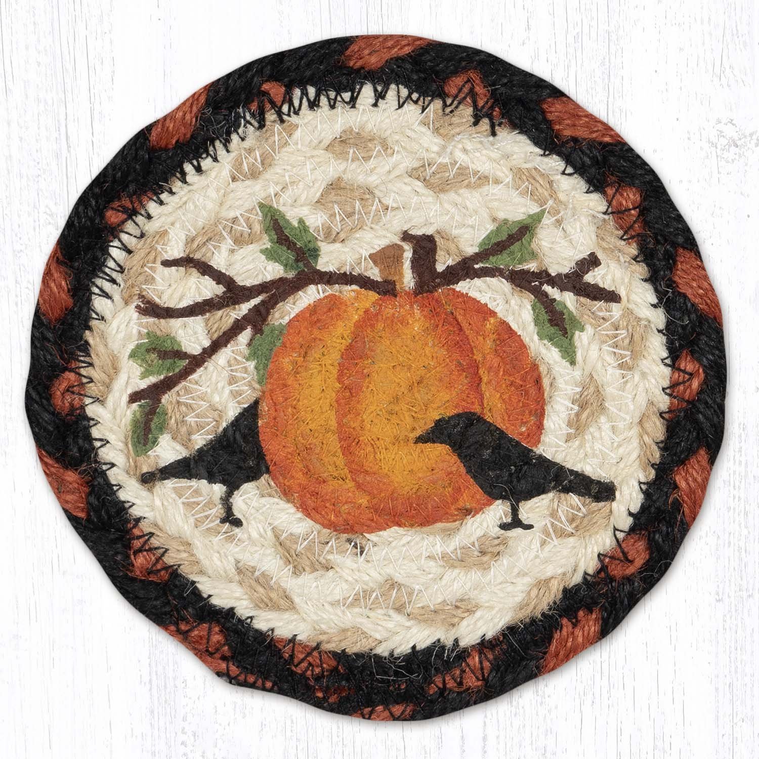 5" Round Hand Stenciled Coaster with Pumpkin Crow Design (Pack of 2)