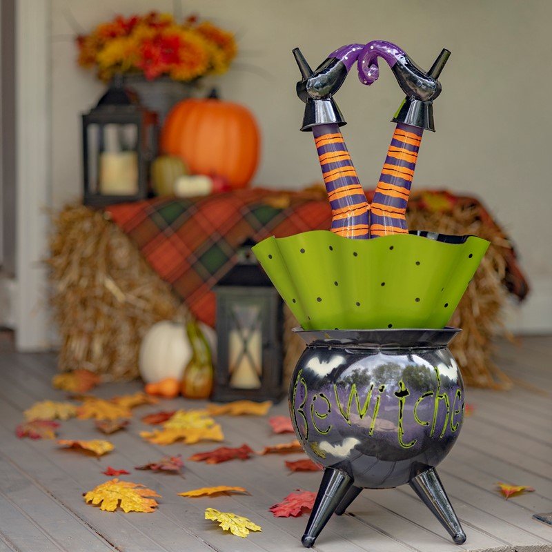 30" Tall Metal Halloween Cauldron "Bewitched" with Witch Legs