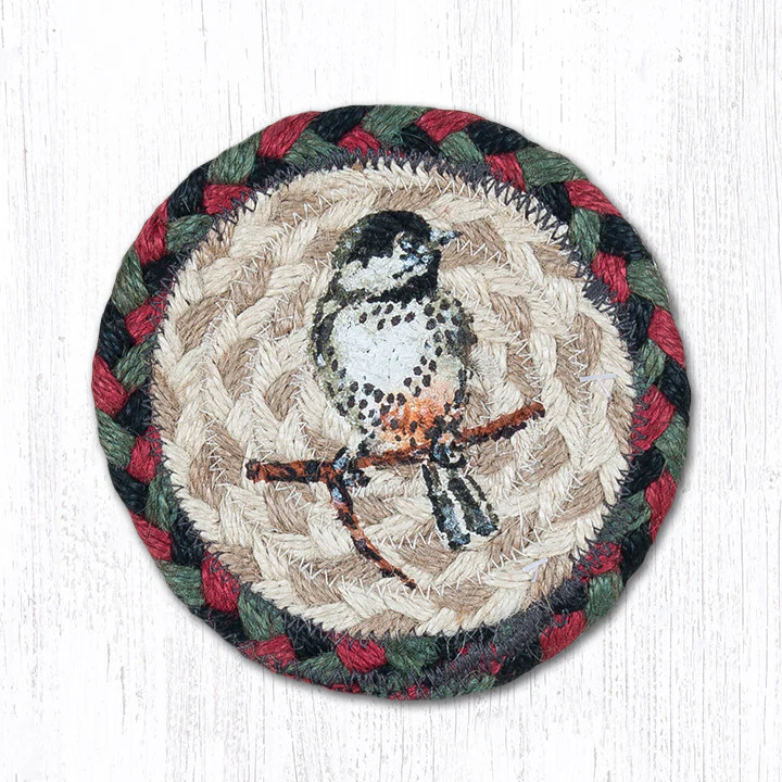 Round Hand Stenciled Coaster with Chickadee Design (Pack of 2)