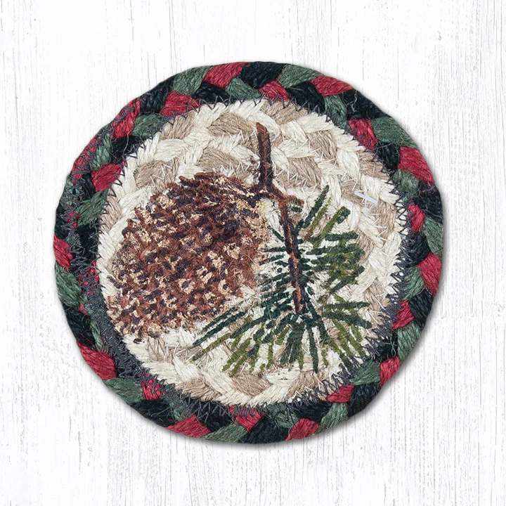 5" Round Hand Stenciled Coaster with Pinecone Design (Pack of 2)