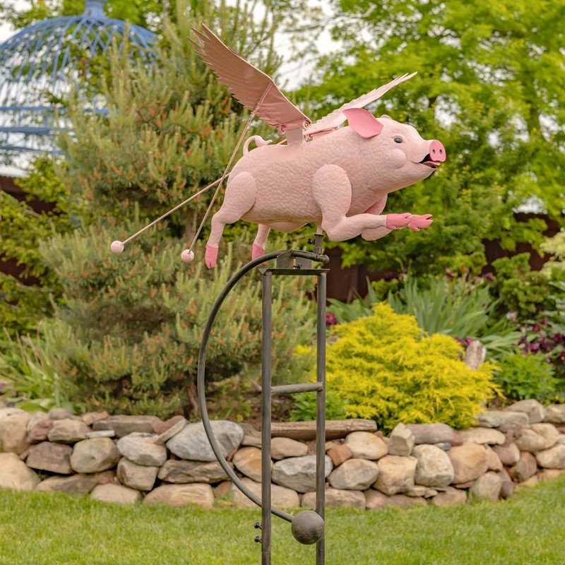 6.5ft. Tall Hand Painted Flying Pink Potbelly Pig Iron Rocking Stake "Pigasus"
