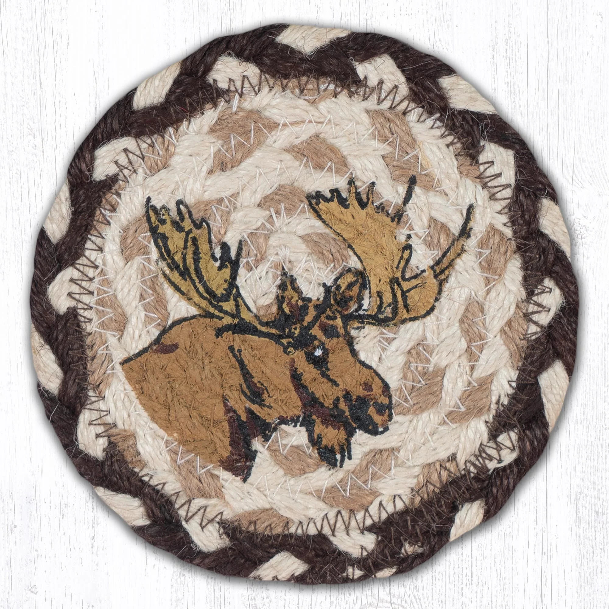 5" Round Hand Stenciled Coaster with Moose Design (Pack of 2)