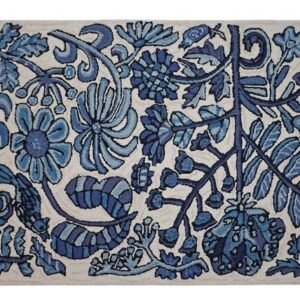Blue and White Hooked Wool Rug "Morning Bloomer"
