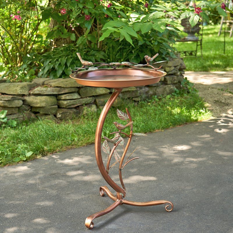 32" Tall Shallow Copper-Finished Iron Birdbath with Branch Stand