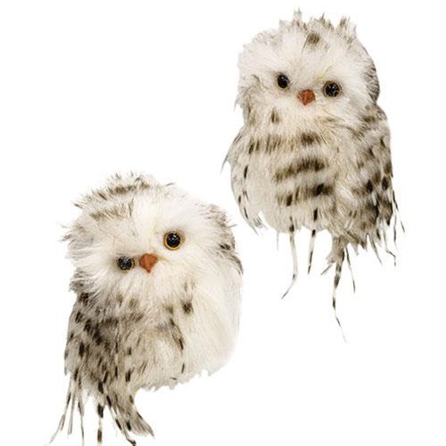 Fabric Feather Snowy Owl Ornament - Assortment of 2