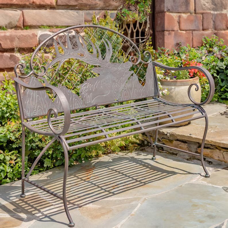 Round Top Iron Garden Bench with Caribou Backrest "Selkirk"