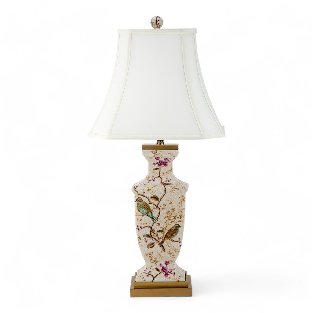 Porcelain Rectangular Birds and Blooms Table Lamp with Bronze Ormolu