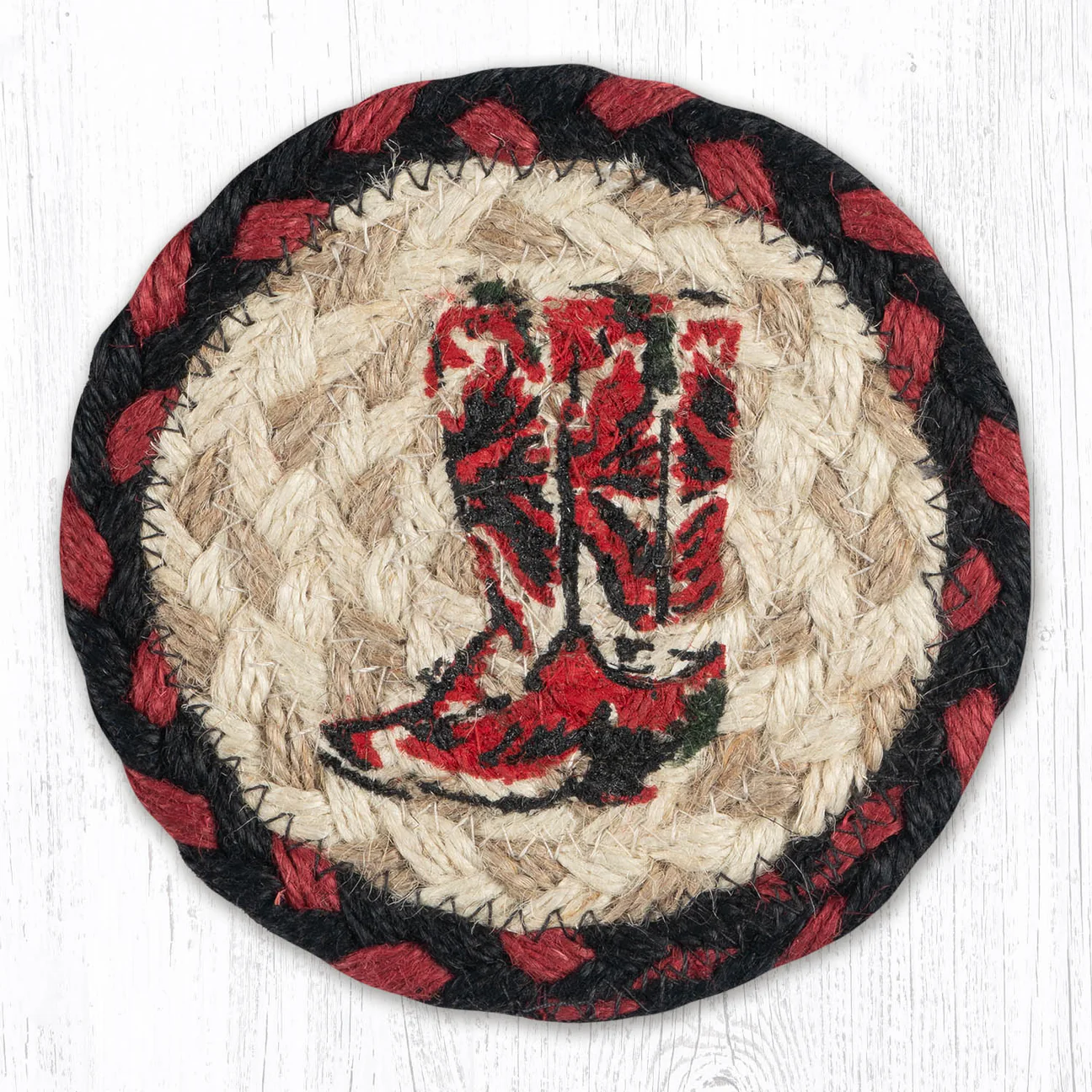 5" Round Hand Stenciled Coaster with Boots Design (Pack of 2)