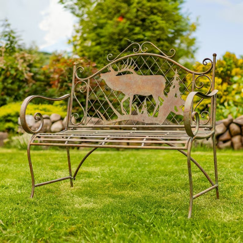 Classic Iron Bench with Elk & Evergreen Silhouette "The Highlands"