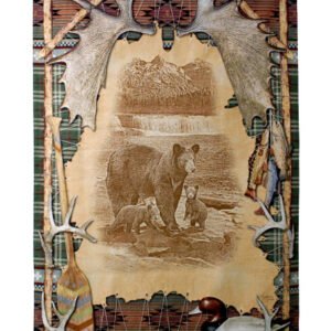 Mother Bear with Cubs Etching in Rustic Outdoors - Woven Tapestry Wall Art Hanging 53x35