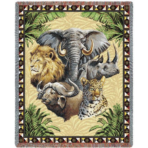 Big Five African Savannah Wildlife Cotton Woven Blanket Throw – Made in the USA (72×54)