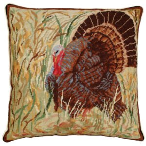 Wildlife Inspired Needlepoint Down Throw Pillow – Turkey in the Field