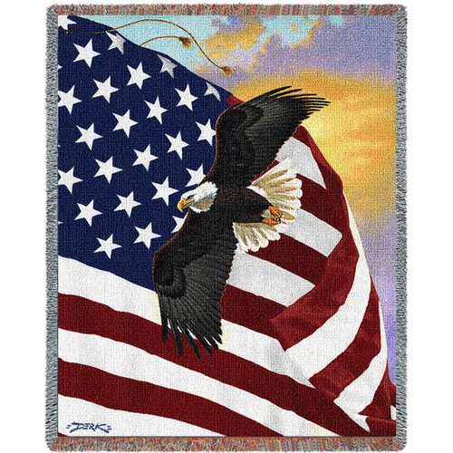 United States American Flag with Eagle - Cotton Woven Blanket Throw - Made in the USA (72x54)