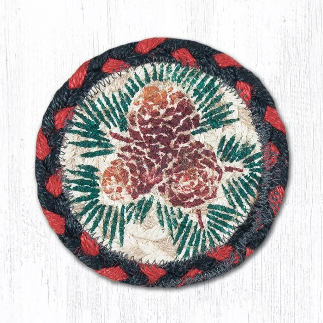 5" Round Hand Stenciled Coaster with Pinecone Design (Pack of 2)