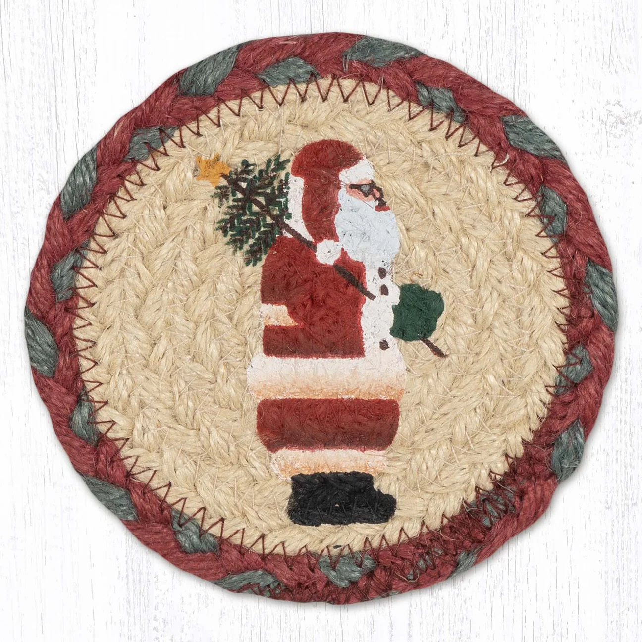 5" Round Hand Stenciled Coaster with Santa Design (Pack of 2)