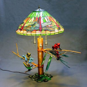 Bronze Frog and Dragonfly Lamp by Barry Stein Sculptures (3 Color Options Available)