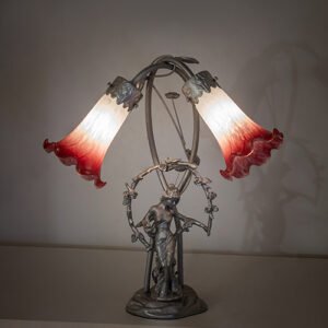 16" High Pink/White Tiffany Pond Lily 2 Light Trellis Girl Accent Lamp