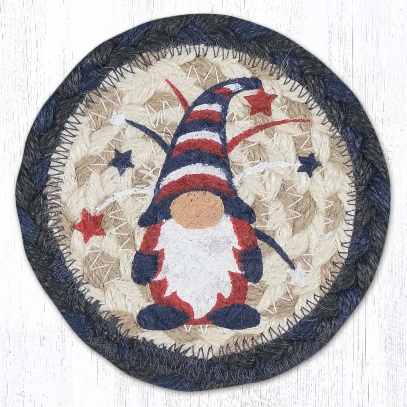 5" Round Hand Stenciled Coaster with Patriotic Gnome Design  (Pack of 2)