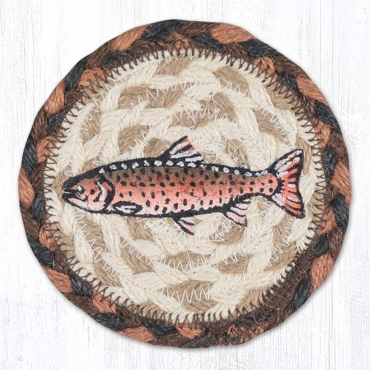 Round Hand Stenciled Coaster with Red Salmon Design (Pack of 2)