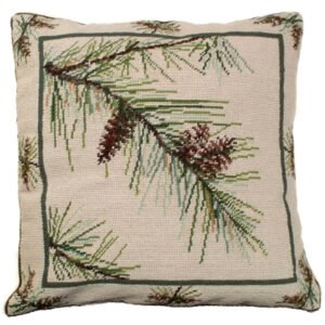 Pine Bough Needlepoint Down Throw Pillow – Realistic Pine Needles and Cones