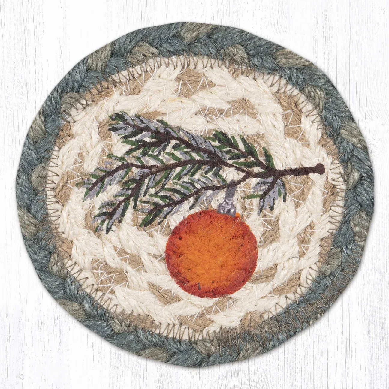 5" Round Hand Stenciled Coaster with Ornament on Branch Design (Pack of 2)