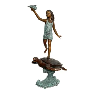 Girl Standing on Sea Turtle Fountain Bronze Statue
