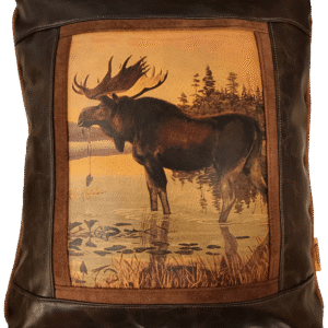 Moose in Water Leather Frame Pillow by Sweetwater Pillows