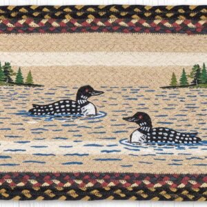 Hand Stenciled Oval Table Runner with Loon Patch Design 13"x36"