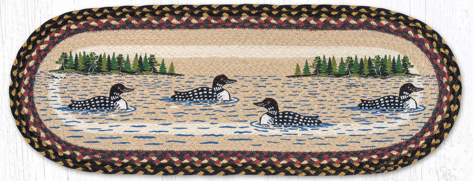 Hand Stenciled Oval Table Runner with Loon Patch Design